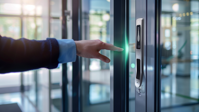 Empleado utilizando lector biométrico en sistema de control de acceso empresarial