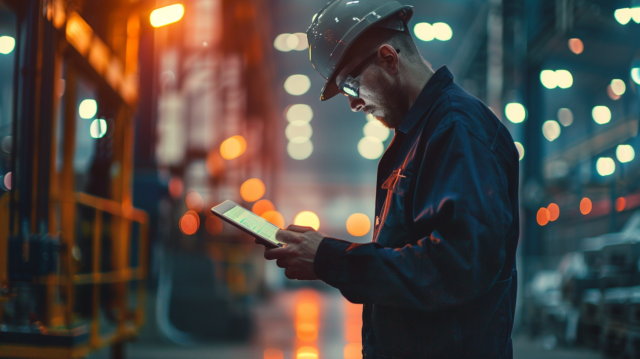 Operario con casco consultando sistema de control de asistencia en tablet desde planta industrial