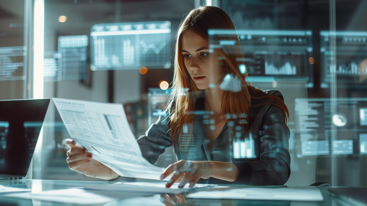 Profesional de recursos humanos revisando documentación de convenios laborales con dashboards digitales en segundo plano