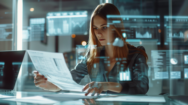 Profesional de recursos humanos revisando documentación de convenios laborales con dashboards digitales en segundo plano