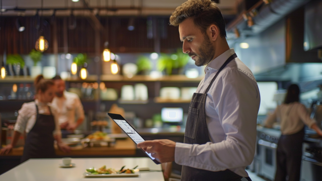 Encargado revisando sistema de control de turnos en establecimiento gastronómico